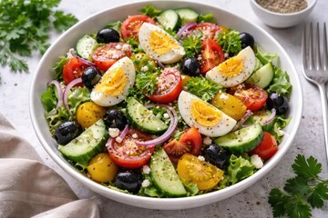 Fresh vegetable salad with tomatoes cucumbers olives and boiled eggs for healthy diet