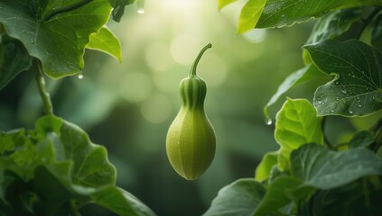 Fresh bitter gourd plant in a backyard, focusing on organic vegetable farming and plant care