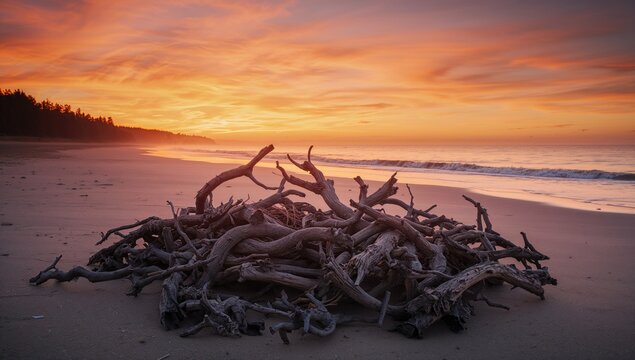 Wooden branches prepared for a beach bonfire, highlighting fire safety and outdoor activity