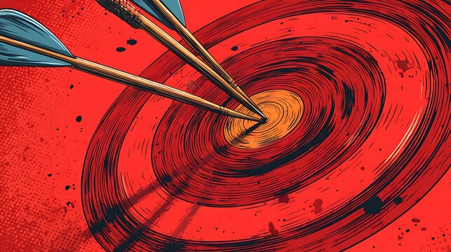 Graphic depiction of archery arrows hitting a bullseye target, red background