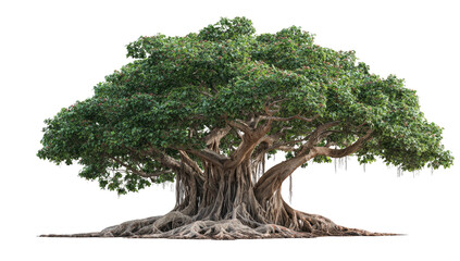 Digitally isolated, grand tree with dense green canopy and exposed roots on a transparent background