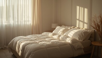 Fototapeta premium Unoccupied bed at dawn following waking, sleep environment and morning routine, World Sleep Day