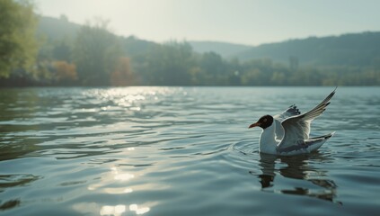 Seagull with black head floating on a calm lake, illustrating bird activity and freshwater environment
