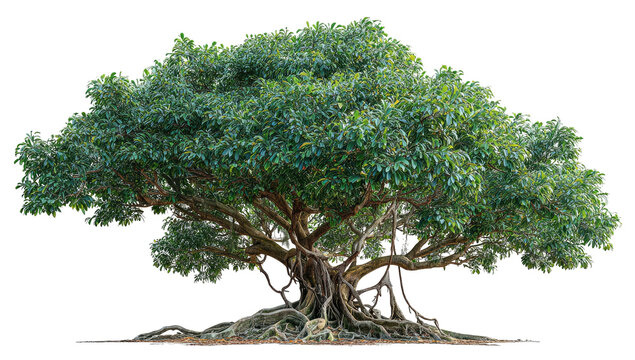 Dense leafy tree with large trunk, exposed roots, and lush green foliage against a black background - Powered by Adobe