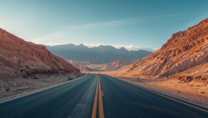 Natural landscape featuring asphalt road and yardang formations in a remote desert area during a journey, Gobi scenery in China