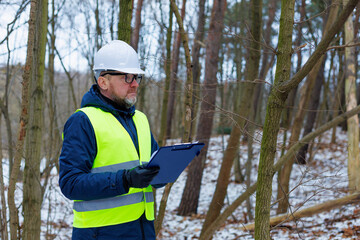 Forestry engineer works in a winter forest, inspecting the condition of trees before felling.