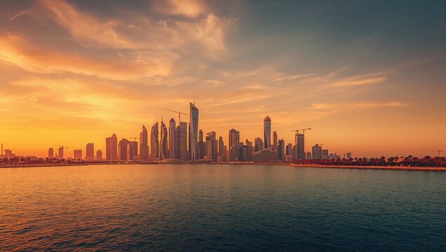 Evening cityscape with sunset lighting, highlighting architectural scale and city planning