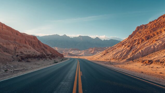 Natural landscape featuring asphalt road and yardang formations in a remote desert area during a journey, Gobi scenery in China