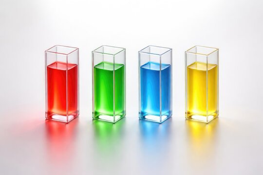 White cuvettes arranged linearly with luminous red green blue and yellow liquids highlighting scientific elegance against a minimal background