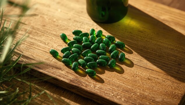 Blue-green spirulina tablets arranged on wood surface alongside a bottle, highlighting antioxidant benefits, World Malaria Day