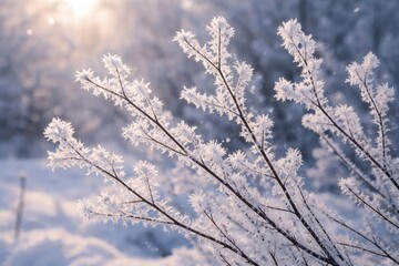 Icy frost clings to dry branches during a fresh winter morning