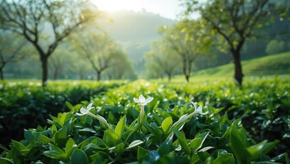 Tea plantation with white tea flowers in full bloom, highlighting seasonal growth cycles