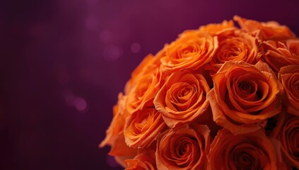 Closeup of orange roses arranged on a purple background with textured floral pattern, used for fashion or home decor backgrounds, no observance