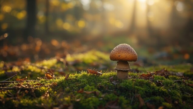 Porcini mushroom growing among woodland debris emphasizing wild edible fungi, forest foraging, World Food Day - Powered by Adobe