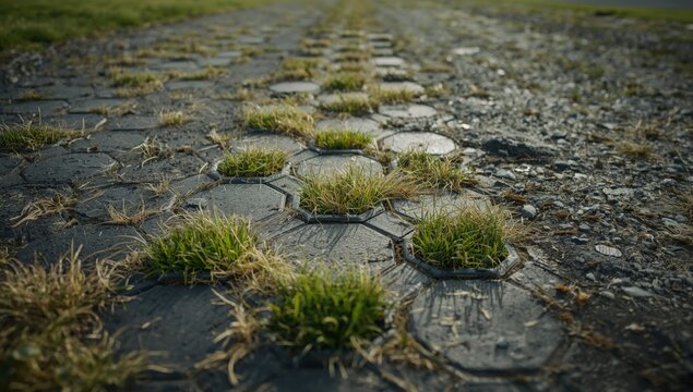 Worn hexagonal plastic surface on grassy area, emphasizing durability and repair needs