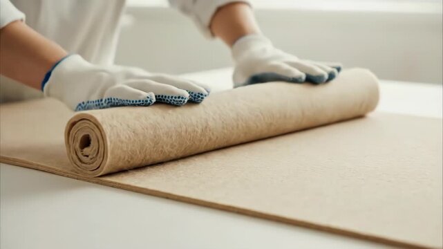 Worker in protective gloves rolling sheet of brown insulation material. Close-up of hands preparing soundproofing underlayment for flooring. Manual labor and construction concept