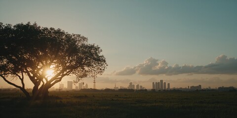 City scene during dawn with illuminated clouds and silhouetted trees, suitable for layout backgrounds