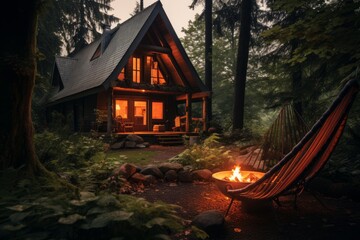 Cozy cabin glowing warmly in the forest with a campfire and hammock nearby at dusk