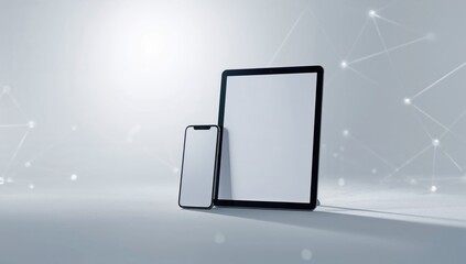 Smartphone and tablet displaying blank screens serving as digital interface backdrops for UI layout, software development, and app mockups