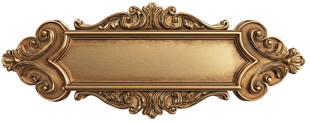 Ornate gilded plaque with scrolling embellishments and a blank central rectangle