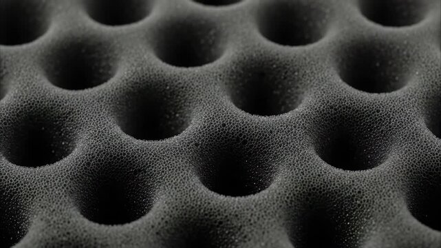 Close-up of gray acoustic foam texture. Soundproofing material with convoluted egg crate pattern for sound absorption. Audio studio noise reduction background