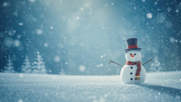 Festive snowman figure against a chilly blue winter scene - Powered by Adobe