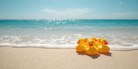 Rubber duck toys on sandy beach serving as a casual summer vacation scene for editorial header backgrounds, seasonal change