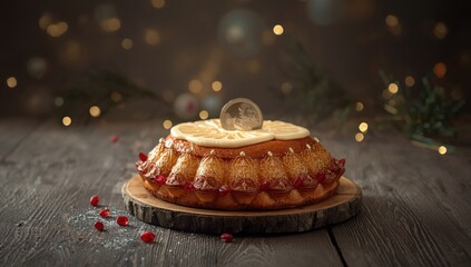 Obraz na płótnie Canvas Vasilopita Greek New Years cake, festive dessert symbolic of cultural customs