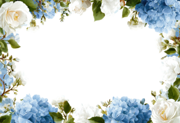 Floral frame, featuring white roses and blue hydrangeas encircling a central black void