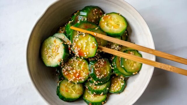 Shakeable cucumber salad in ceramic bowl with sesame chili dressing, sliced crunchy cucumbers in asian style, tossed by shaking in deli container for quick fresh green snack, sesame cucumber