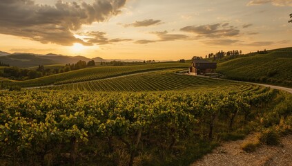 Obraz premium Grapevine landscape and winery infrastructure on a rural wine route during evening light, highlighting agricultural activity