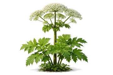 Obraz premium Studio shot of giant hogweed with detailed green leaves and umbrella shaped flower clusters displayed on a white backdrop