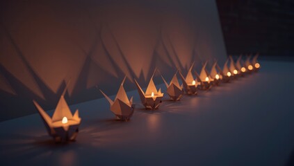 Paper origami sculptures with flickering candles arranged in a precise row, serving as a peaceful decorative lighting scene