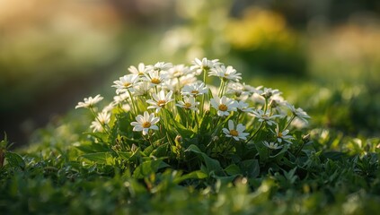 A garden scene with white wildflowers highlights summer and spring flora for nature-themed layouts
