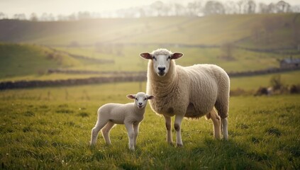 Fototapeta premium Sheep and newborn lamb in a lush field maternal bond, nature scene, World Animal Day