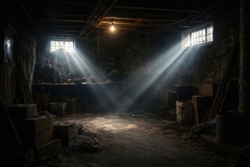 Soft daylight beams shining into a dark basement space