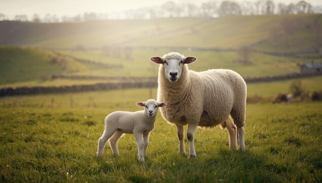 Sheep and newborn lamb in a lush field maternal bond, nature scene, World Animal Day