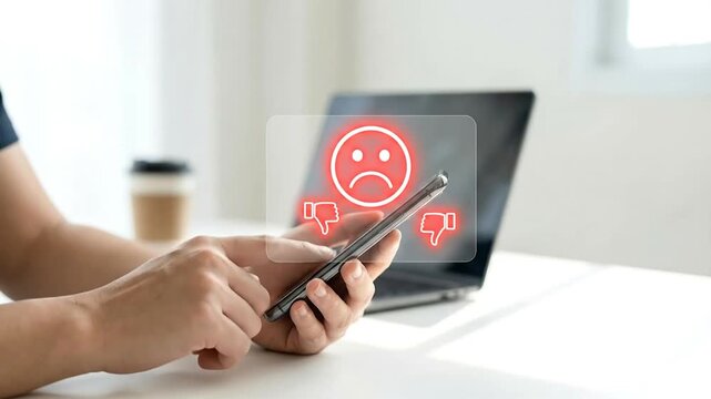 Negative Feedback on Mobile Device Man Expressing Dissatisfaction with Online Content