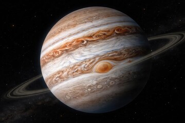 Space probe snapshot of Jupiter highlighting storm activity and rings