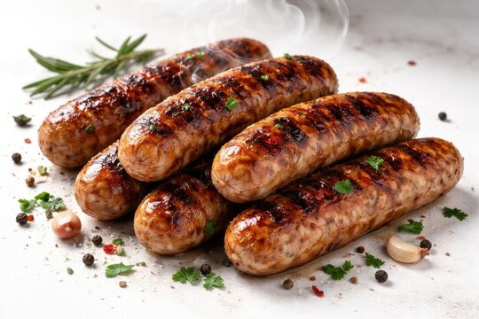 Smoky grilled pork sausages cooked and placed on white surface