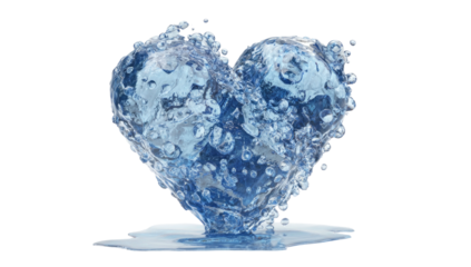 Heart-shaped water, digitally rendered with bubbles, droplets, and clear blue hues