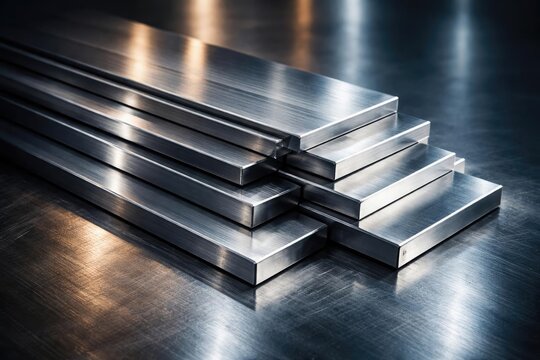 Stacked flat stainless steel bars with a polished metallic background