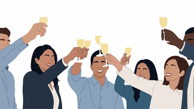 Diverse group celebration with people raising champagne glasses in a joyful toast. Happy business colleagues enjoy group celebration, smiling and sharing moments of success.
