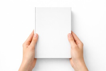 Obraz premium White backdrop displaying hands gripping a closed blank hardcover book