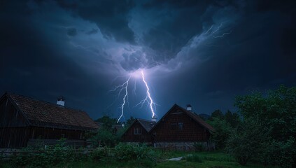 Nighttime storm scene with a vivid lightning bolt striking over houses, highlighting atmospheric electrical activity