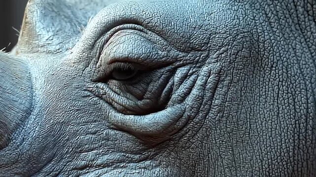 Rhinoceros eye shows deep, weathered skin folds and a heavy, protective eyelid that surrounds the dark, observant gaze of this large herbivore.