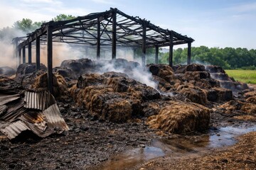 Charred remains of a storage structure after linseedflax bale combustion fire in rural area