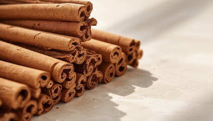 Close up of cinnamon sticks cut in half and aligned, highlighting their texture for culinary use