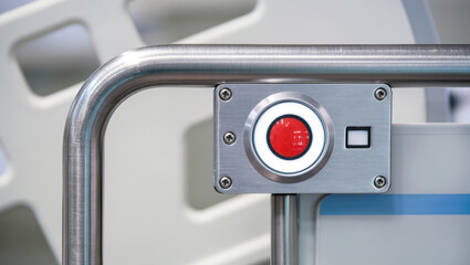 Critical condition emergency button with red center on metal frame signals urgent help in hospital or medical environment
