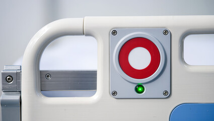 Emergency button on hospital bed rail indicating critical condition with green light signaling readiness for urgent assistance